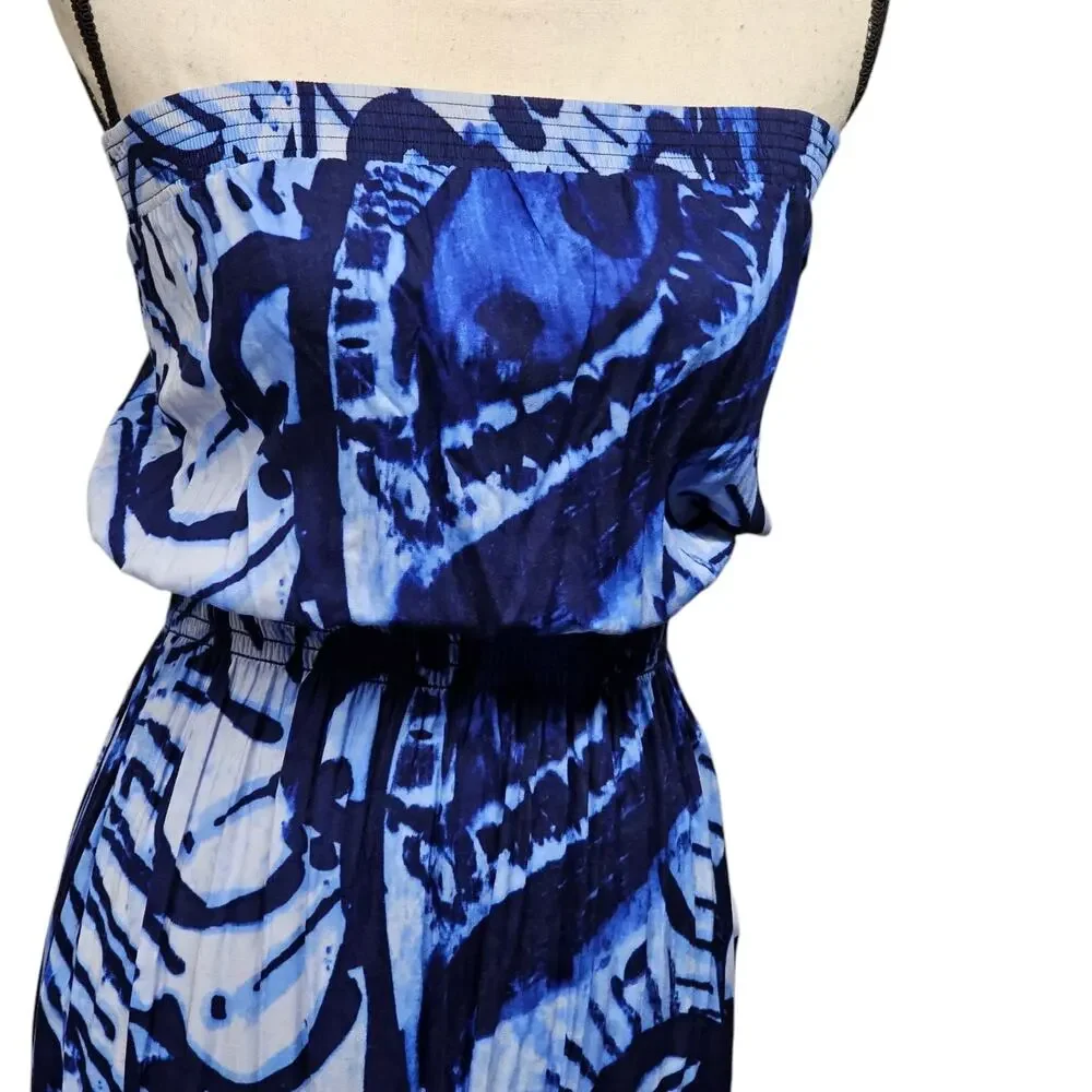 Vtg Womens Strapless Maxi Dress Sz M Blue Shirred Waist Floral Tie Dye Beach USA - Picture 2 of 10